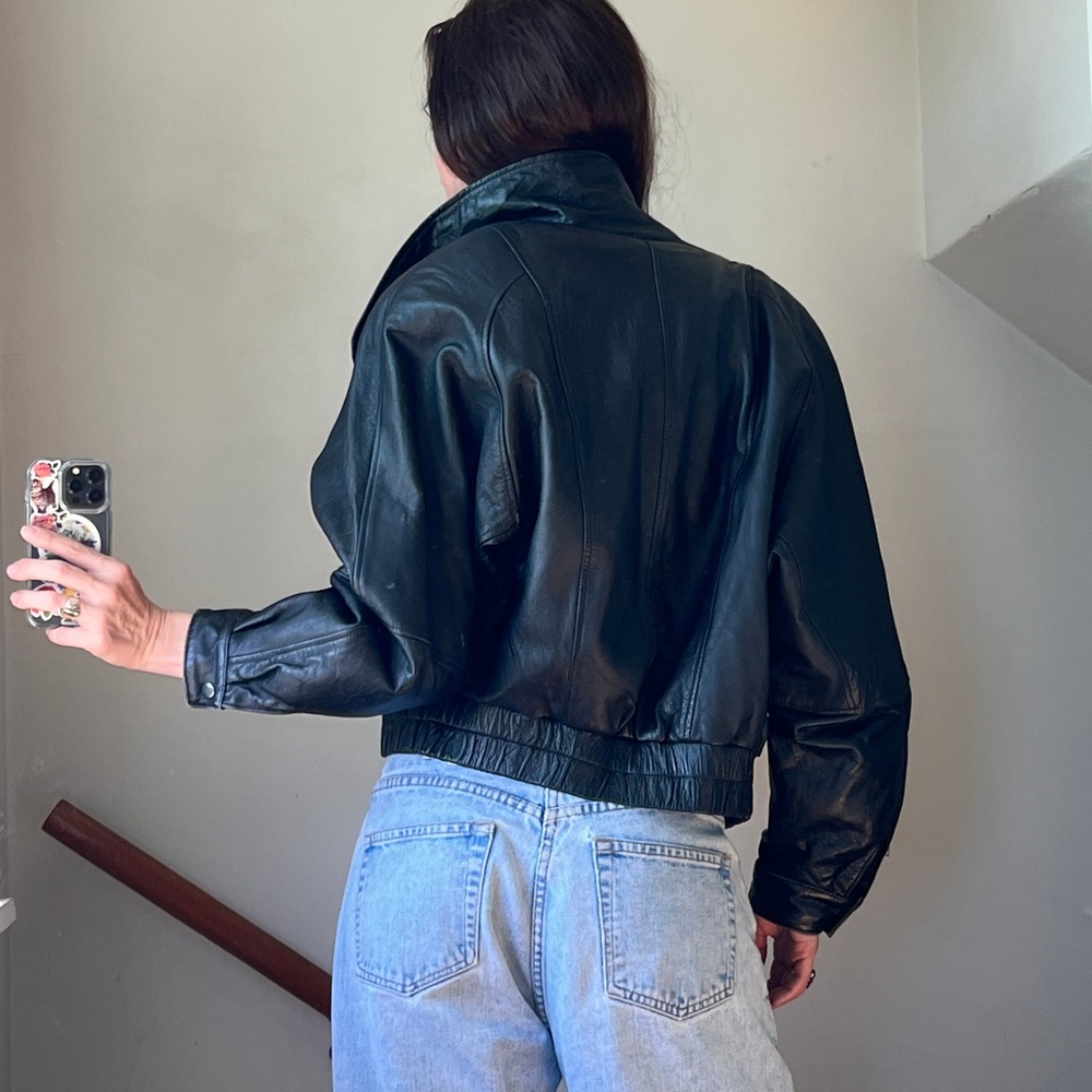 Vintage 80s Leather Jacket Black Cropped Statement Bomber Moto‎ Biker 90s - Picture 7 of 10